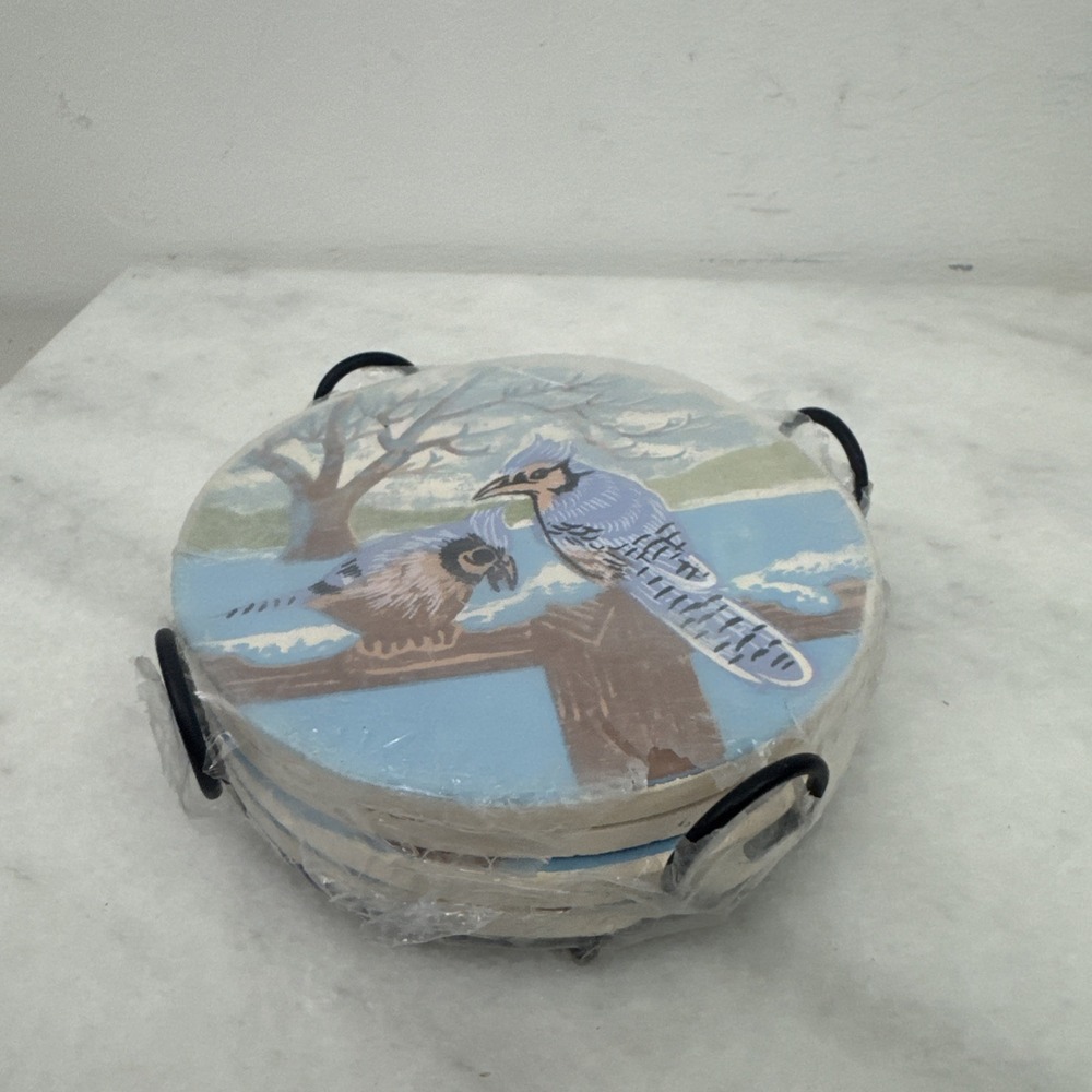 Set Of Four Vintage Hand Painted Bluebird Ceramic Coasters With Tray